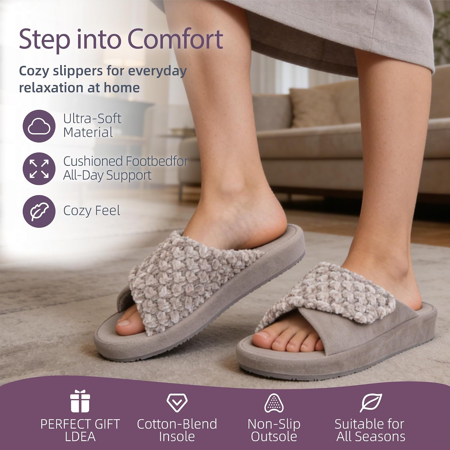 Wedge Slippers for Women with Adjustable Upper and Arch Support | Memory Foam Insole with Non-Slip Rubber Sole