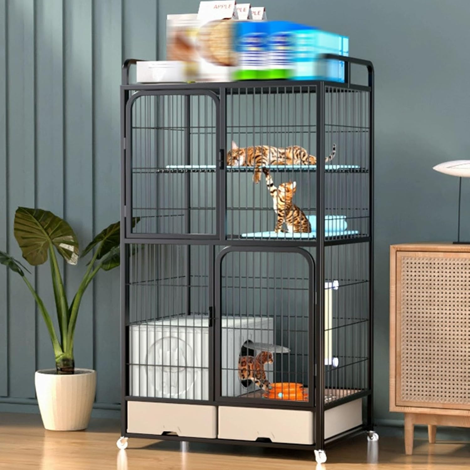 Cat Playpen, Generic Catss Cages Indoor with Litter Box and Drawer, Cat Patio Enclosure Outdoor, Large Space Cats House, for 1-3 Cats(Black,156cm/61.4in)