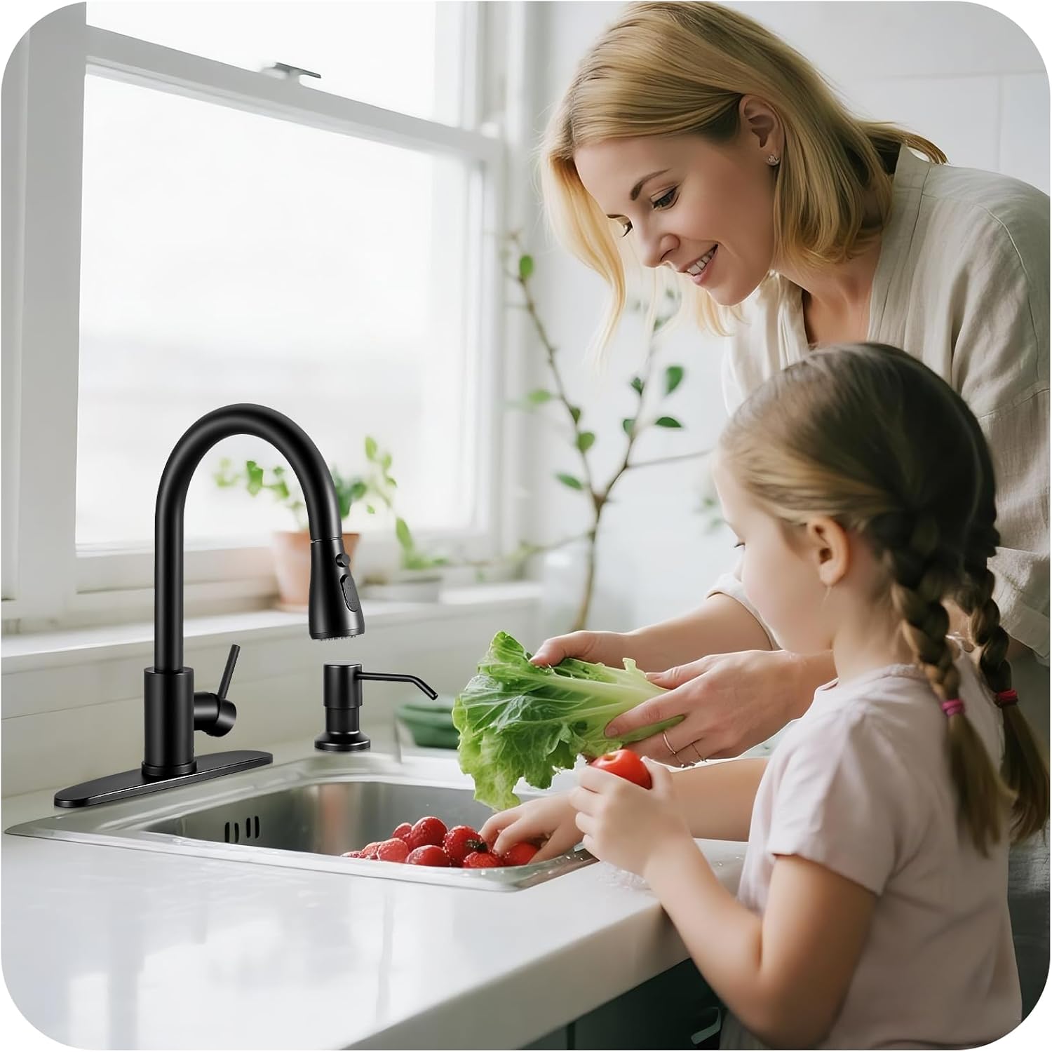 Pull Down Kitchen Faucet with Soap Dispenser - Matte Black Single Handle Kitchen Faucets, High Arc Stainless Steel Pull Out Kitchen Sink Faucet with Deck for RV Laundry Farmhouse Bar
