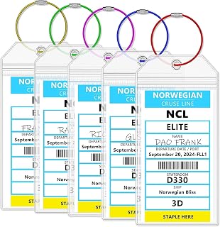 NCL Luggage Tag Holders，Clear Cruise Luggage Tag Holder Zip Seal with Steel Loops，Fits Printed (Not Mailed) Norwegian Cruise Line Ships & Tags for Cruises in, 2025 & 2026（5PACK）