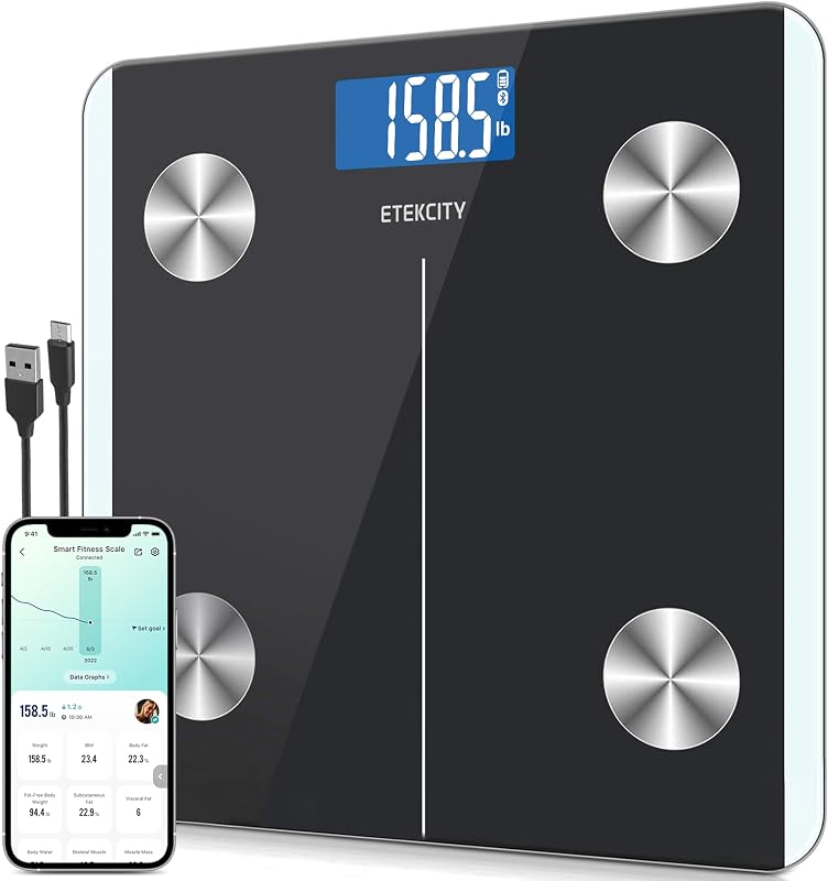 Rechargeable Smart Scale for Body Weight, Bluetooth, 400 lb | Digital bathroom scale tracks BMI, body fat and muscle mass, with accurate weighing and smartphone app sync