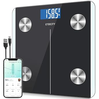 Etekcity Rechargeable Smart Scale for Body Weight, Bluetooth, 400 lb | Digital bathroom scale tracks BMI, body fat and muscle mass, with accurate weighing and smartphone app sync