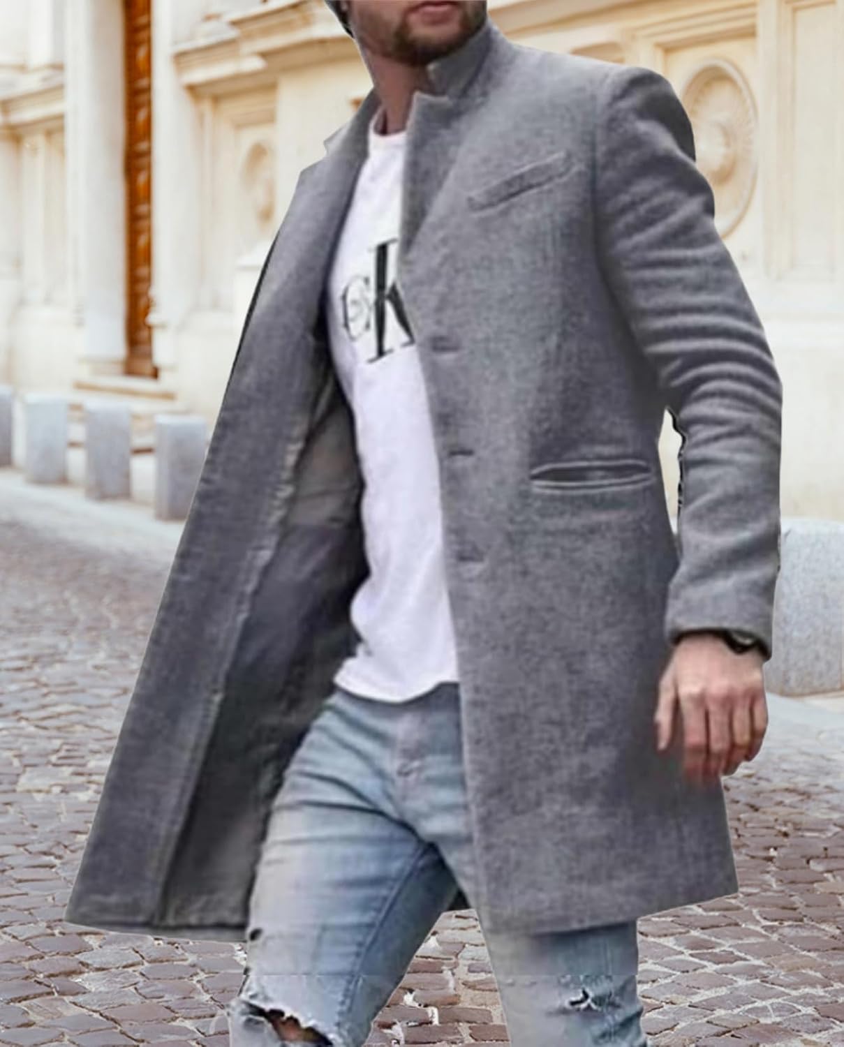 BIVENANT Fleece Jacket for Mens Vintage Print Trench Coat Button Down Single Breasted Slim Wool Blend Formal Pea Coats