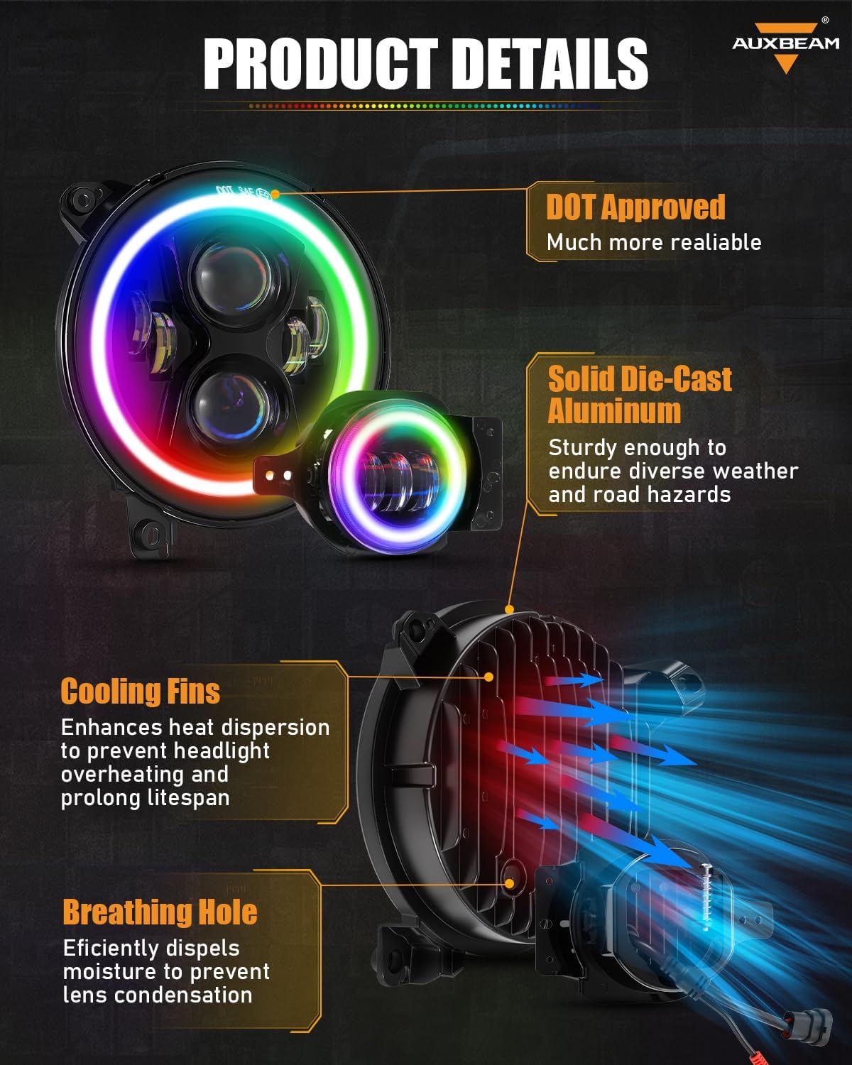 Auxbeam RGB LED 9 Inch Headlights+4 Inch Fog Lights, Bluetooth APP Control DOT-Approved Headlights Fog Lights w/DRL Turn Signal, Compatible with Jeep Wrangler JL JLU 2018-2024, 1-Year Warranty
