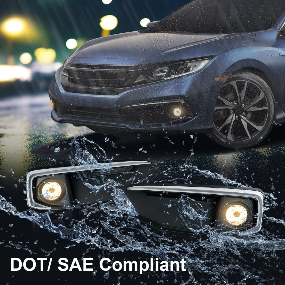 CROSSDESIGN Fog Lights w/Switch Left & Right Side Clear Lens Compatible with Honda Civic Coupe/Sedan 2019-2020 33950T5RA01, 33950TBAA01