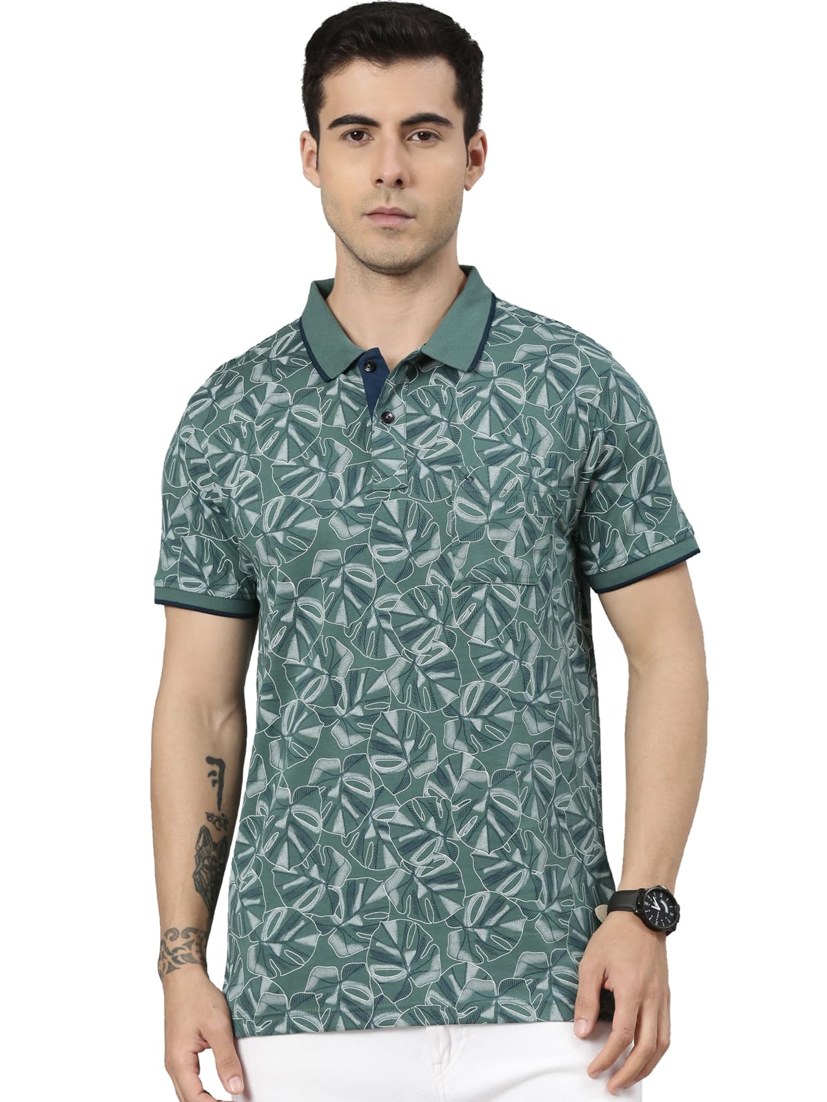 Men's Half Sleeve Dark Green Polo Neck Slim Fit All-Over Print Cotton T-Shirt-image-1