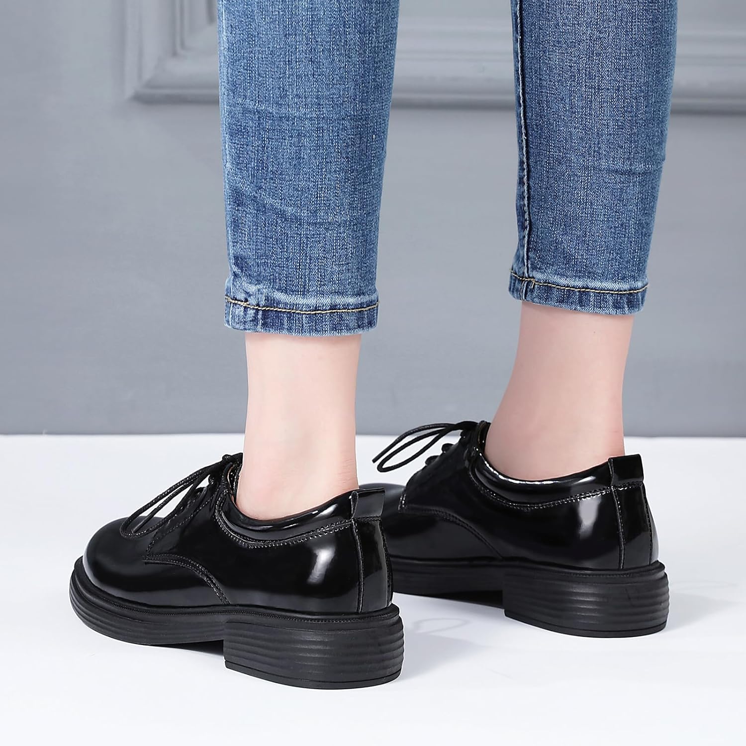 OKJ Oxford Shoes for Women Black Tie Women's Oxfords Shiny Leather Comfortable Slip on Lace up Ladies Loafers Business Casual Dress Work Office Shoes - Image 6