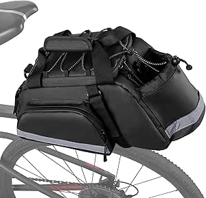 GRAOSO Waterproof Bike Rear Rack Bag, Pannier Bags for Bicycles with 12L Capacity, Bike Trunk Cooler Bag with Reflective Strips, Reinforced Handle and Removable Shoulder Strap, Black