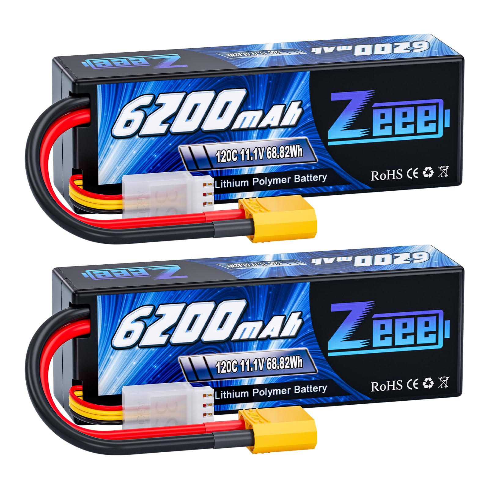 Zeee 3S Lipo Akku 11,1V 120C 6200mAh mit XT90 Stecker Hardcase RC-Akku für Fahrzeuge im Maßstab 1/8 1/10, RC-Autos, Tanklastwagen, Rennmodelle (2Pack)