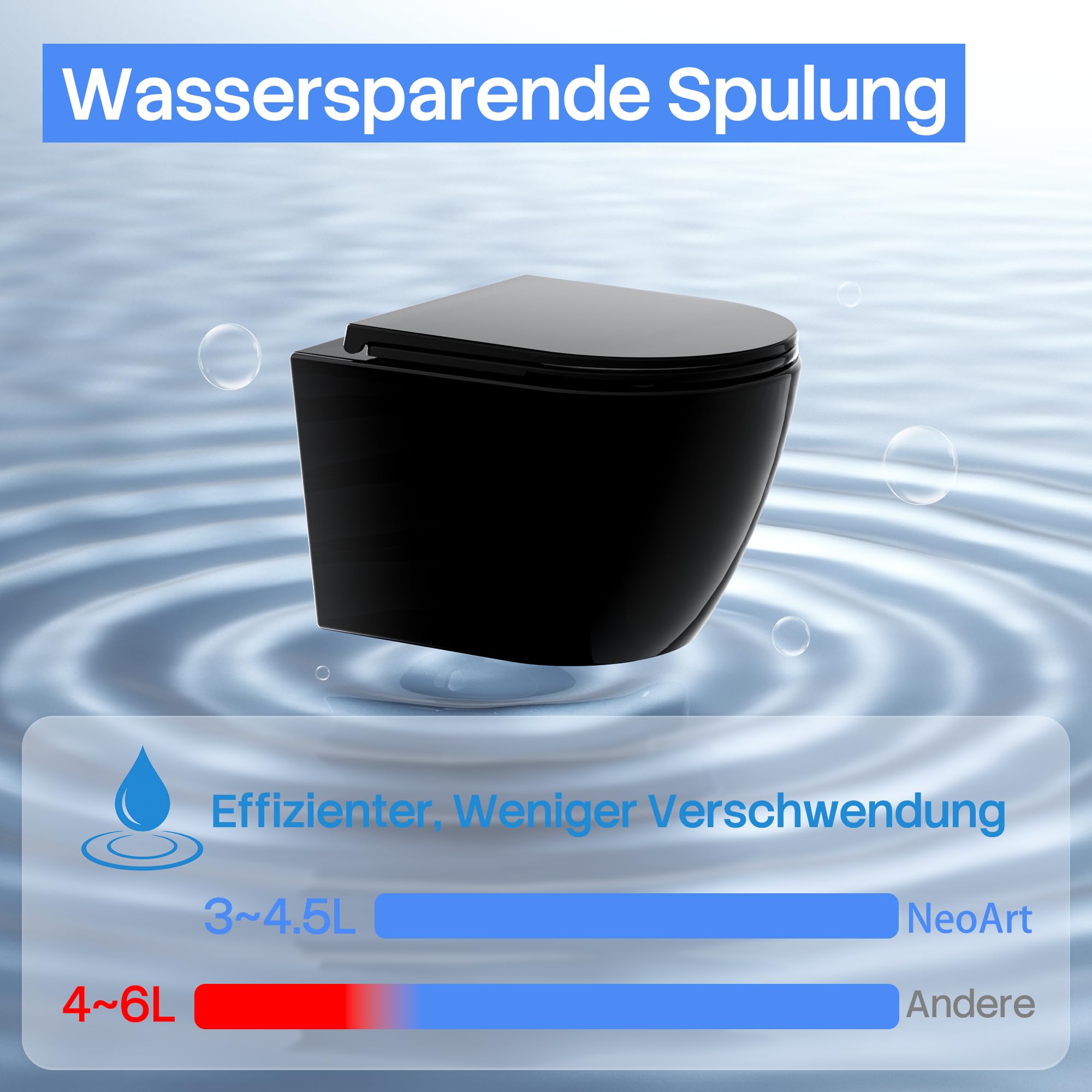 Spülrandloses Hänge-WC, Leises Und Wassersparendes Hochleistungs-Spülsystem, Wand-WC Mit Abnehmbarem WC-Sitz Mit Absenkautomatik, Mehrere Farben Verfügbar,49.5 cm (Schwarz Matt)