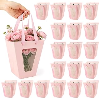 Sopoloray 20 Pack Pink Flower Gift Bag with Clear Window,3.94 x7.87 x 7 Inch Flower Bouquet Bags with Handle,Bouquet Gift Bags for Florist Packaging,Wedding Party Favor,Birthday,Graduation