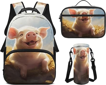 Kids Backpack for Boys Girls Durable 17 Inch Back To School Backpacks with Lunch Bag Water Bottle Holder Elementary Middle School Bags Lunch Box Water Bottle Carrier Pig Print