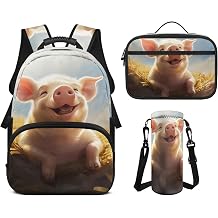 Kids Backpack for Boys Girls Durable 17 Inch Back To School Backpacks with Lunch Bag Water Bottle Holder Elementary Middle School Bags Lunch Box Water Bottle Carrier Pig Print