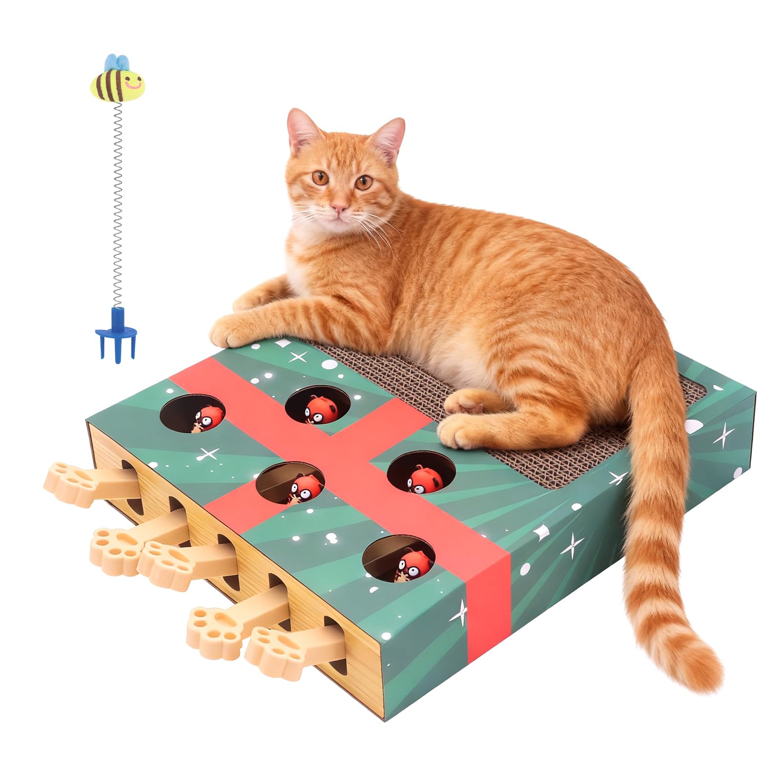 CheurYae Interactive Cat Toys,Corrugated Cardboard Cats Scratcher,3 in 1 Interactive Kitten Whack Mole Puzzle Pet Toy,Multi-Purpose Scratching Pad with Cat Teaser Wand (Christmas green)