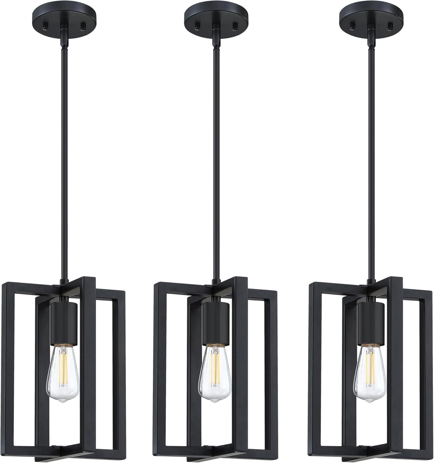 3 Pack 1 Light 7.25" Hanging Farmhouse Indoor Kitchen Island Pendant Light Lantern Cage Black Finish,for Kitchen Island Over Sink Dining Room,Adjustable Length UL Certification
