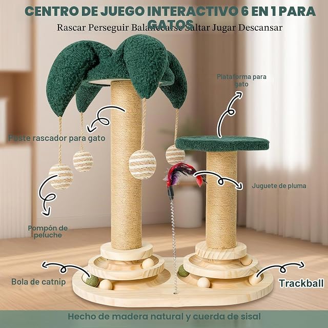 Foto 2 de 7 de Juguete 6-en-1 para gatos de autoentrenamiento de madera, rascador para gatos, juguete con hierba gatera