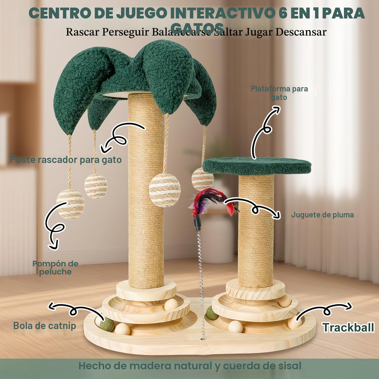 Juguete 6-en-1 para gatos de autoentrenamiento de madera, rascador para gatos, juguete con hierba gatera, muebles para gatos con pista de bolas giratoria, plumas, bolas, cuerdas de yute y cuerda de