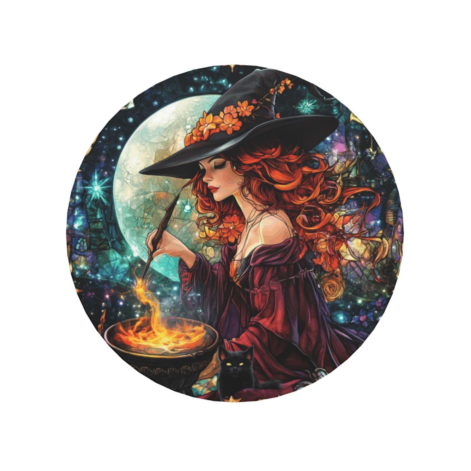 Stained Glass Witch Wearing Wizard Hat Round Magnetic Fridge Magnets For Kitchen Durable With Enduring Magnetism