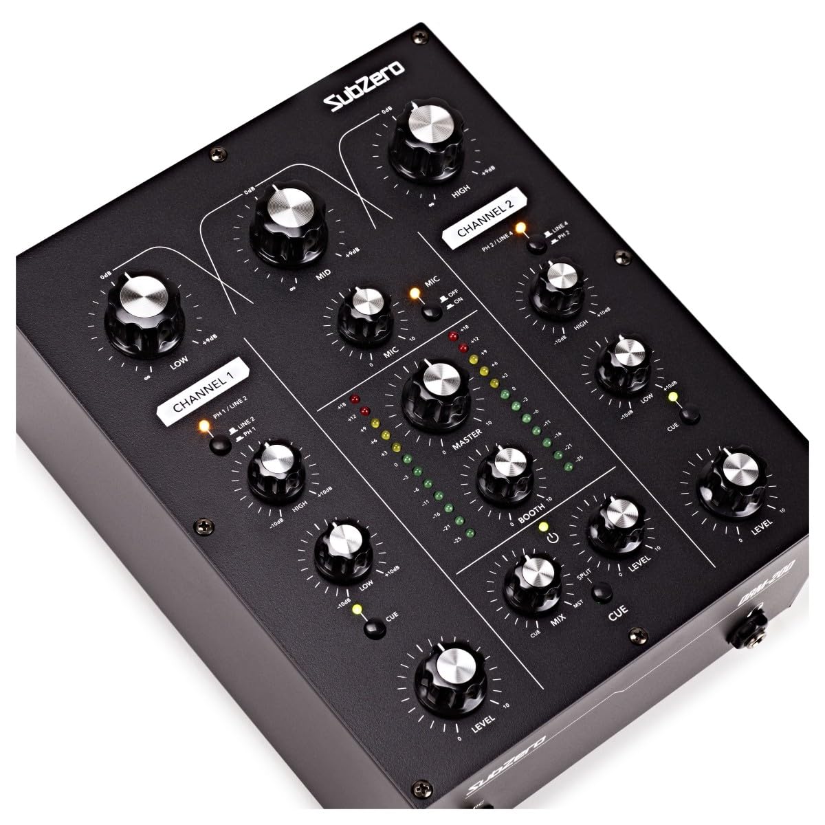 SubZero Mixer DJ rotativo a 2 canali | Per DJ, controlli rotativi per un feeling analogico, EQ 3 bande, monitoraggio cue split, ingresso mic dedicato