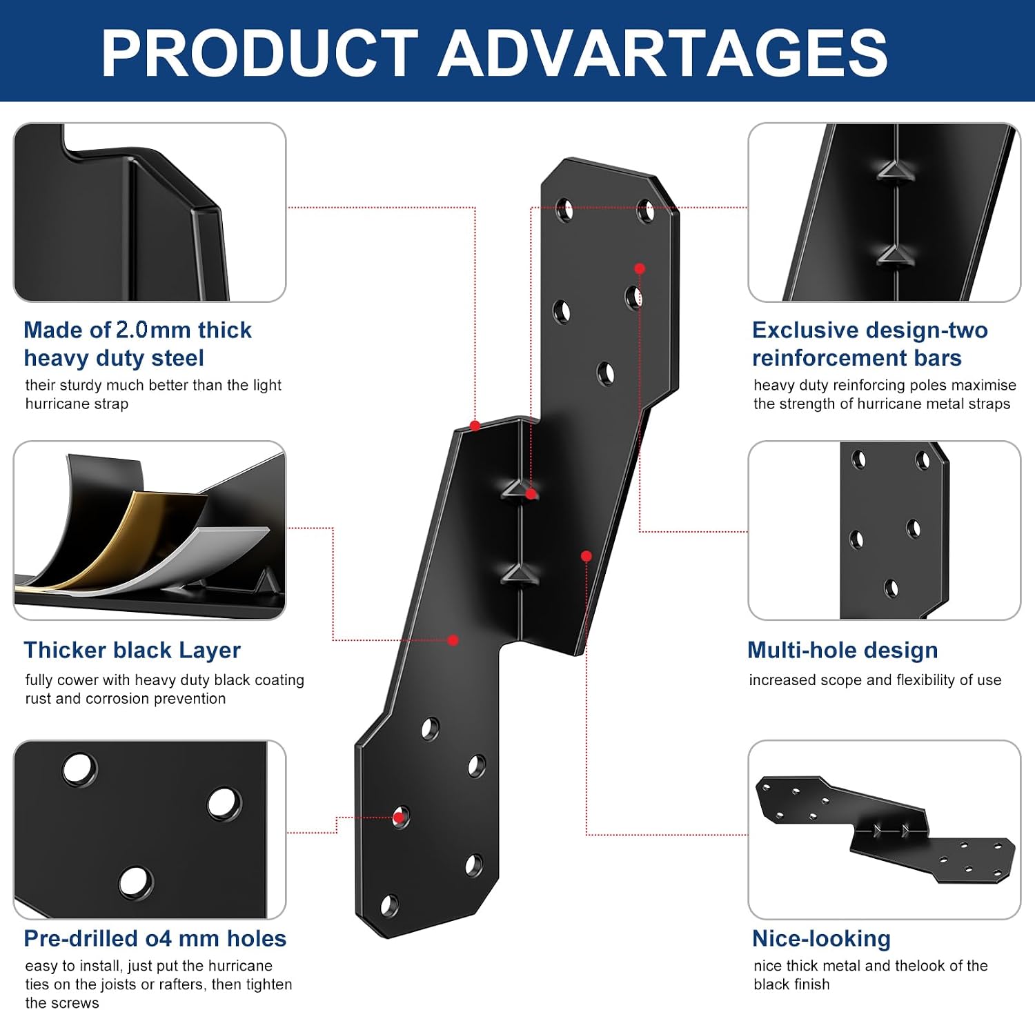 JimXiaLai（Black） Hurricane Straps Tie Brackets（10PCS），2.0mm 13 Gauge Steel Hurricane Clips for Roof，Heavy Duty Left Rafter Brackets Heavy Duty Joist Hangers for Roofing Trusses Wood（100 Screws