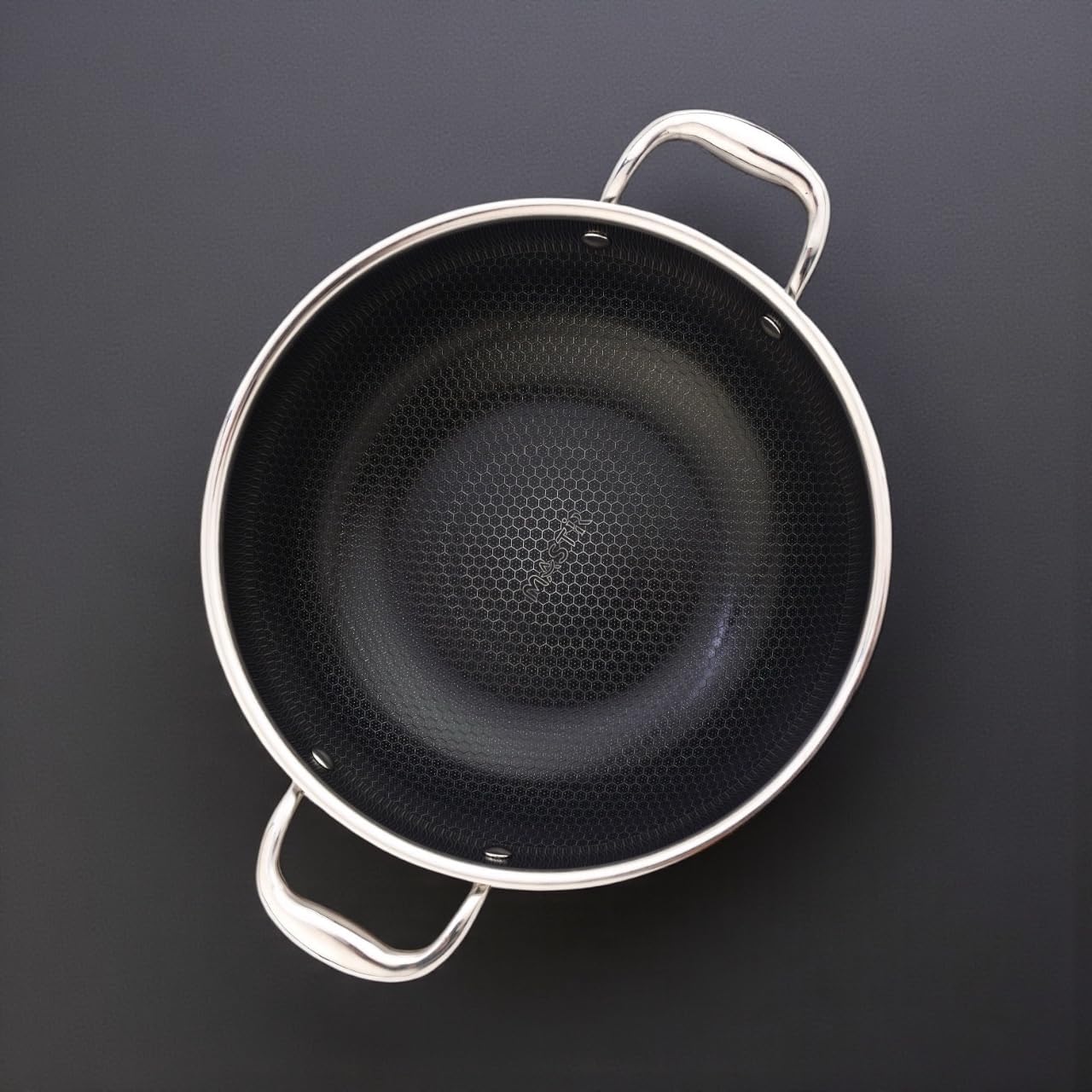 Stainless Steel Kadai 32 cm/6.5 L with Glass Lid – Hybrid Honeycomb Nonstick, PFOA-Free, EU Approved – Stay-Cool Handles – Induction, Oven & Dishwasher Safe Cookware