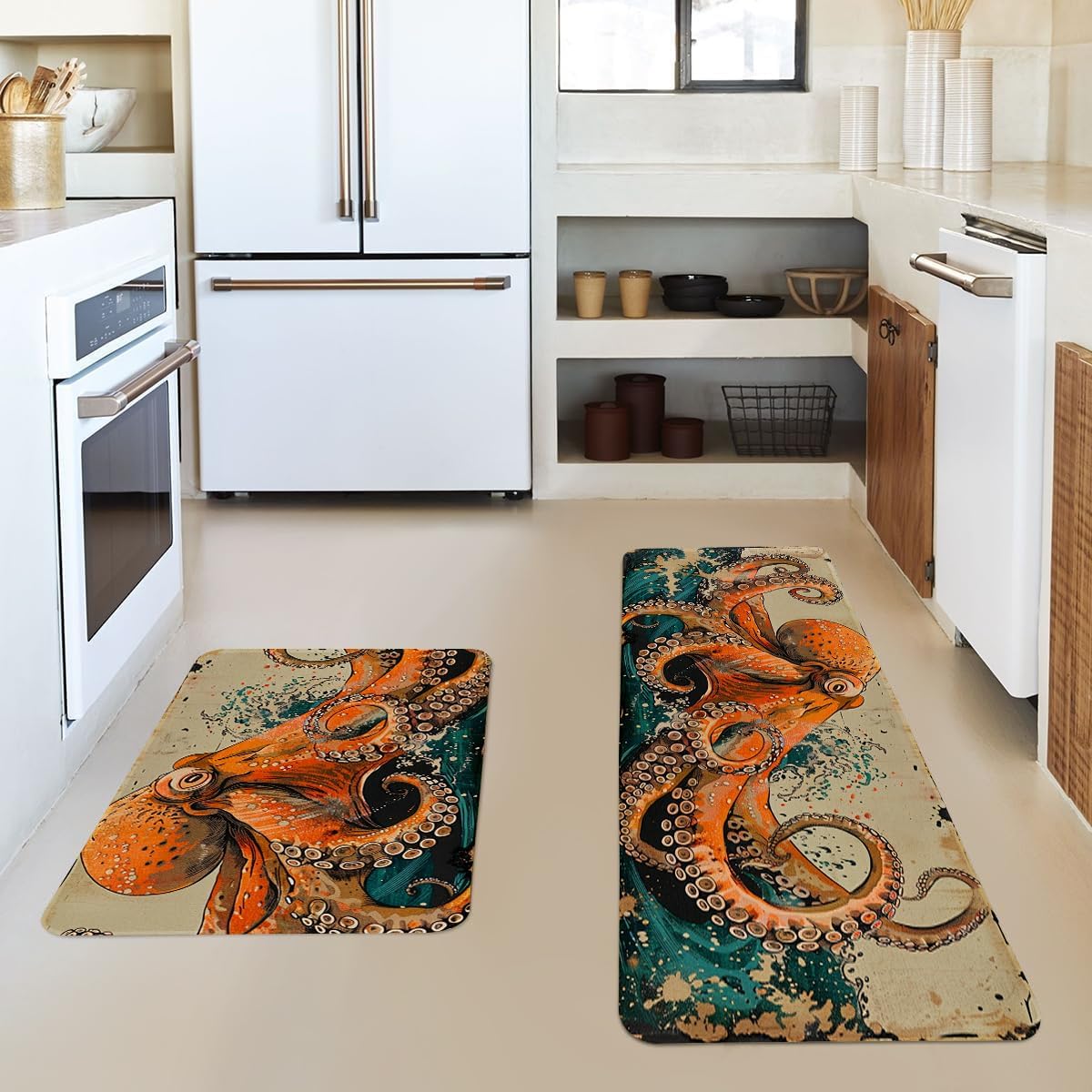 Red Octopus Kitchen Rugs Set of 2, Ocean Kraken Tentacles Kitchen Mats with Rubber Backing Non Slip for Kitchen Bathroom Livingroom Home Office, Octopus Pattern Rug, 17"x47"+17"x29"