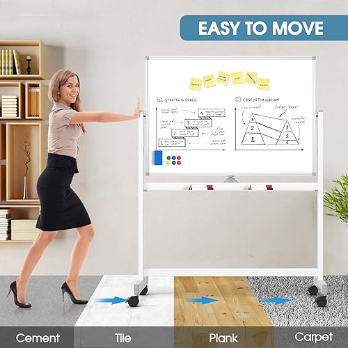 Miniatura 3 de MaxGear Pizarra blanca rodante grande de alta calidad sobre ruedas, 48 x 32 pulgadas, pizarra magnética de borrado en seco de doble cara con