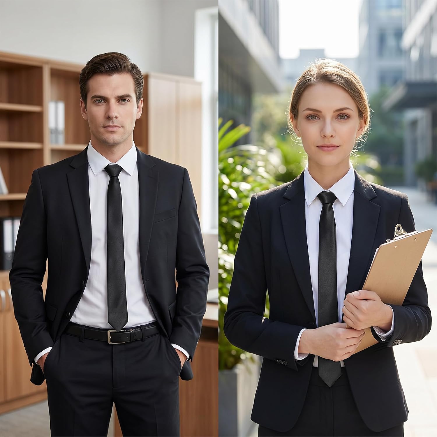 2Pcs Black Ties for Women, 1.38" (3cm) Skinny Adjustable Neckties | Slim Neck Ties, for Cosplay Wedding Business Graduation,Thin Tie,Solid Color
