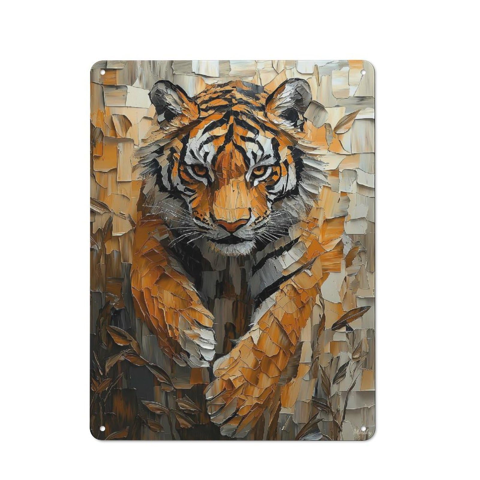 Junmoney Majestic Tiger In Dynamic Impasto Motion Retro Metal Wall Sign 40X30cm For Studio Or Craft Room, For Metal Sign Collectors, For Garage And Workshop Walls