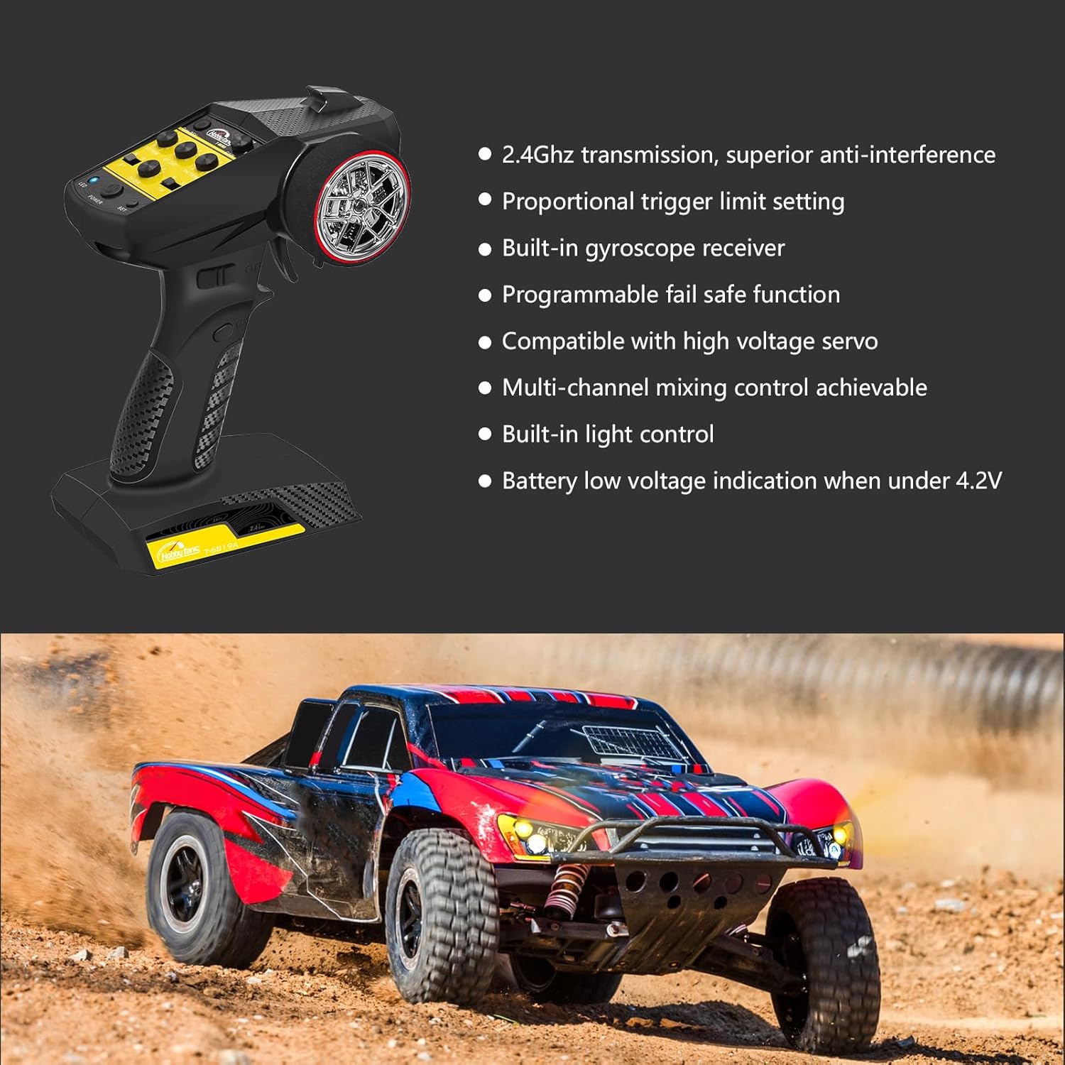 Hobby Fans RC Radio System 4CH 2.4G RC Transmitter with Receiver Built-in Gyro and Lanyard Anti-Jamming Remote Controller for RC Car Crawler Boat (Black & Yellow)