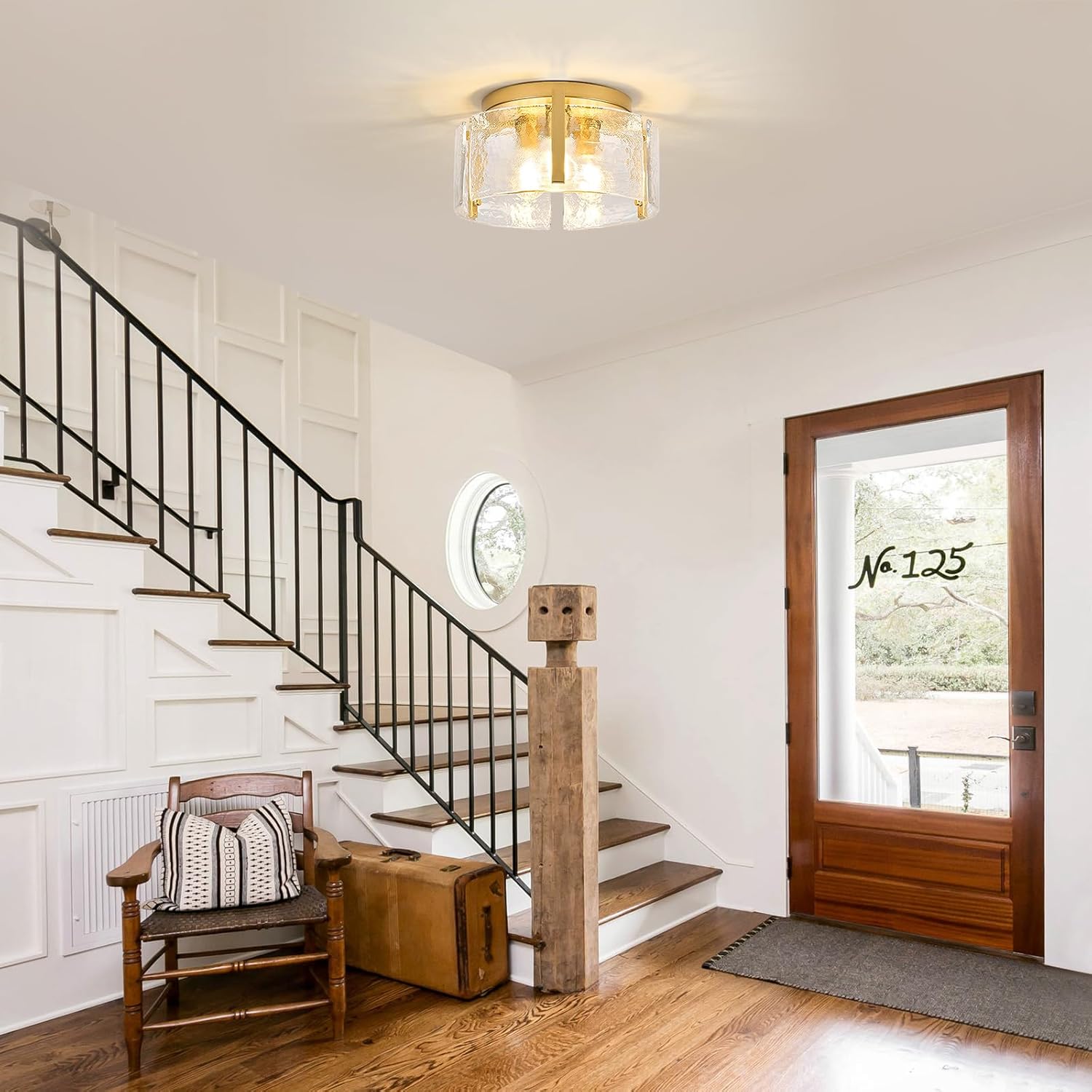15" Gold Handmade Glass Semi Flush Mount Ceiling Light Fixture for Kitchen Hallway Entryway Laundry Bedroom, 3-Light Farmhouse Modern Close to Ceiling Light with UL Certification