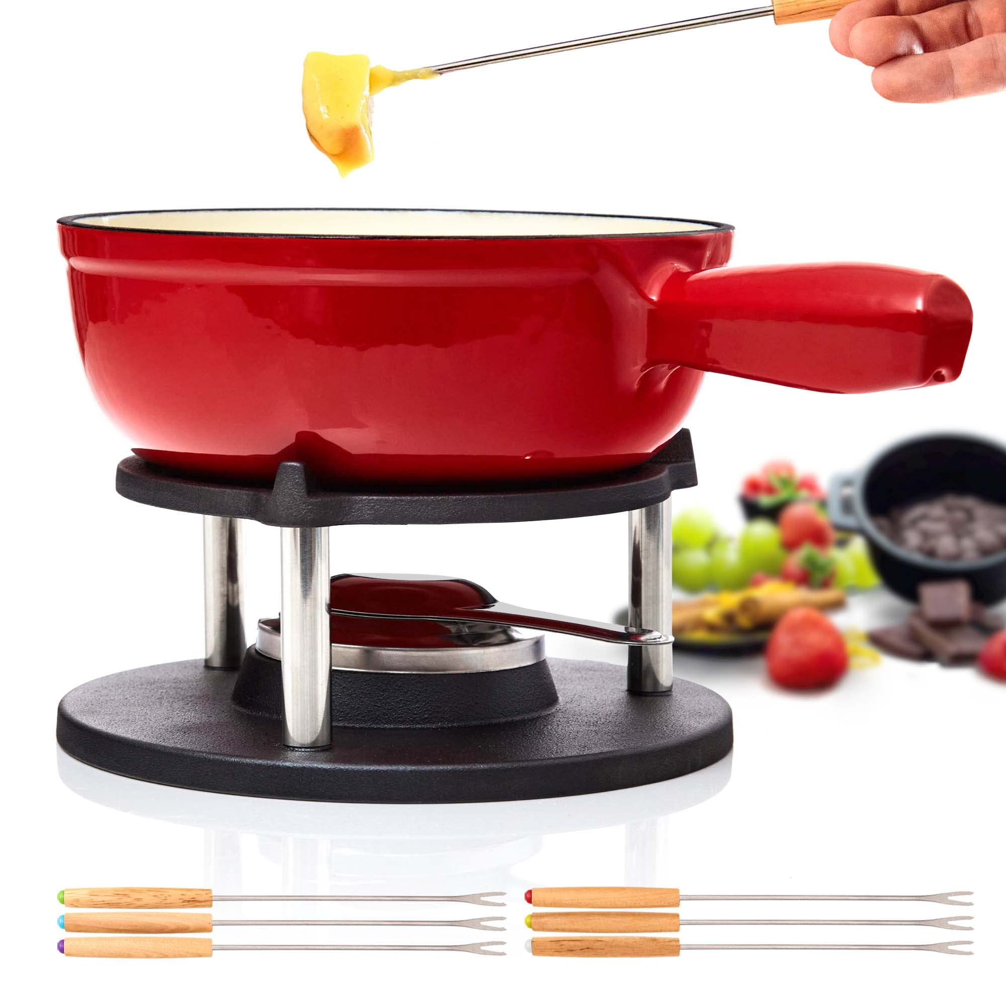 Juego de Fondue de Hierro Fundido para 6 Personas | 2 litro | Juego de Fondue de 9 Piezas | esmaltado Adecuado para Fondue de Queso Fondue de Chocolate para Fondue de Carne