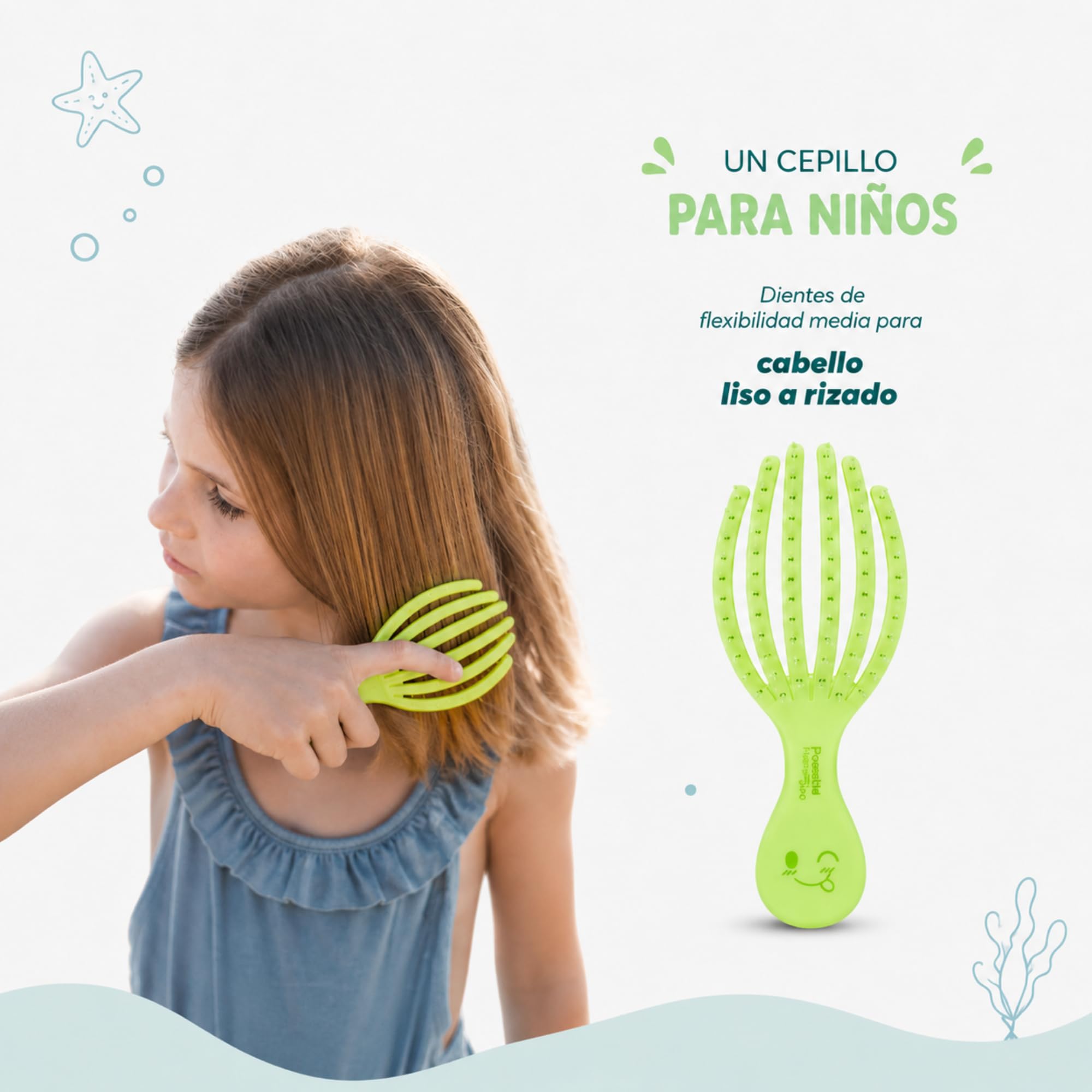 Cepillo de Pelo Desenredante Antitirones Infantil Verde Lima, Compacto, Viaje, Plástico Reciclado, Pulpillo, Divertido, Niños, Niñas, Sin Tirones, Reciclable, Marca Española