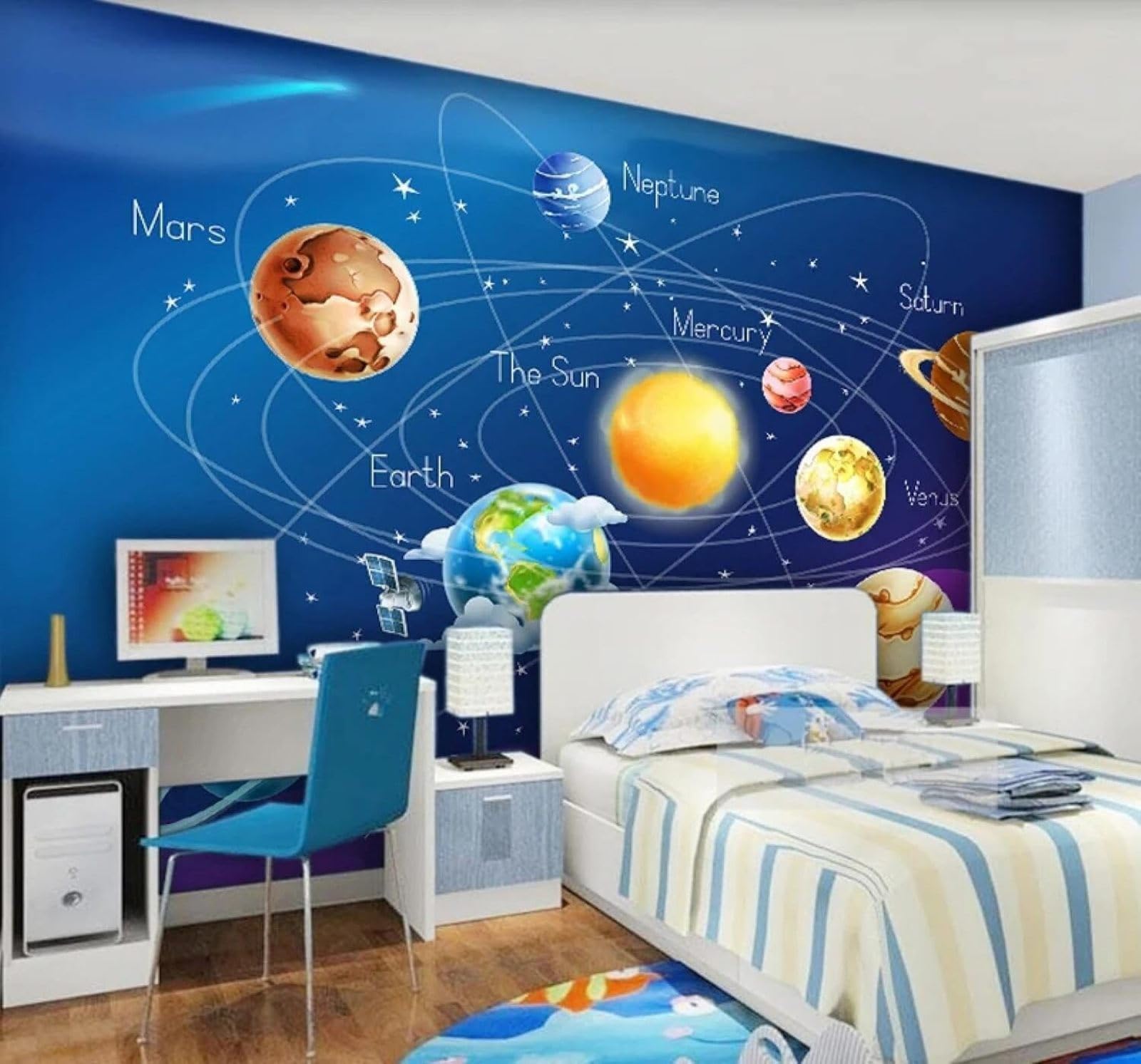 XLMING Cartoon Planet Starry Sky Universe Solar System 3D Wallpaper Luxury Home Dining Decor Paste Sofa Living Room The Wall for Bedroom Mural-400cm×280cm