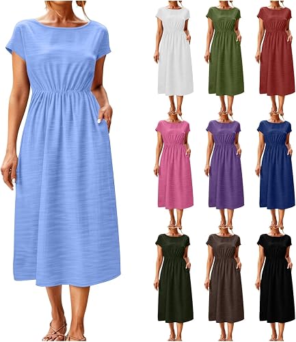 YRAETENM Womens Summer Midi Dress Loose Casual Short Sleeve Crewneck A-Line Dres