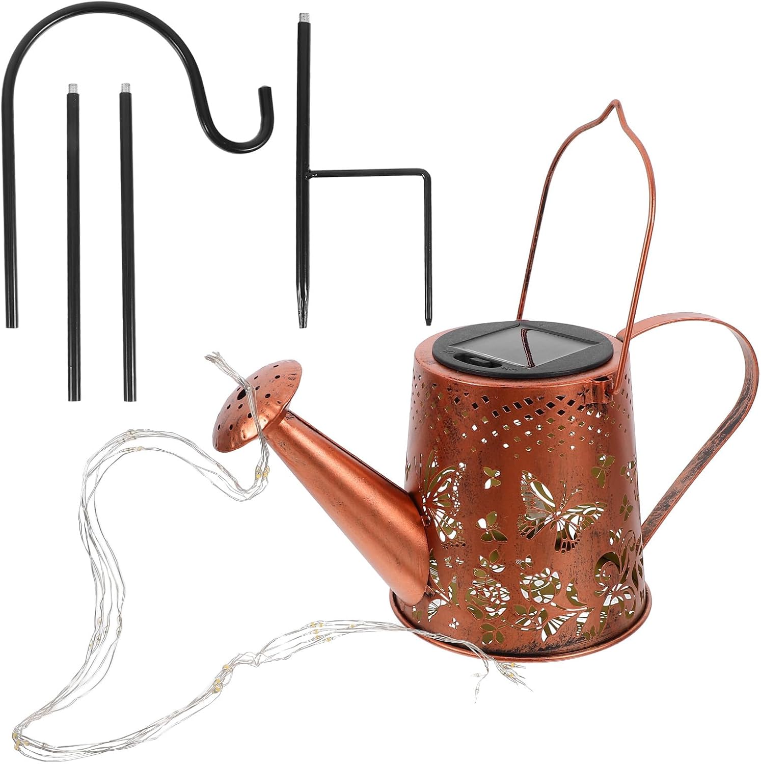 Kichvoe Decorative Kettle Solar Light Butterfly Projection Outdoor Garden Watering Can Lamp with S-Shaped Hook for Yard Landscape Lighting