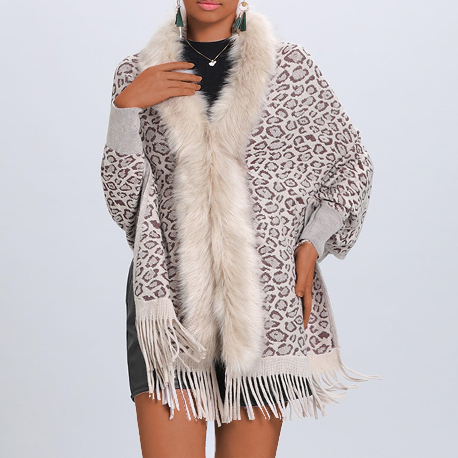 Pelz-Cardigans für Damen, Winter, Kunstfell, Stola, warm, Wickelumhang, Leopardenmuster, Poncho, Umhang, Quaste, lockere Streetwear, Übermantel, Schals für Abendkleider