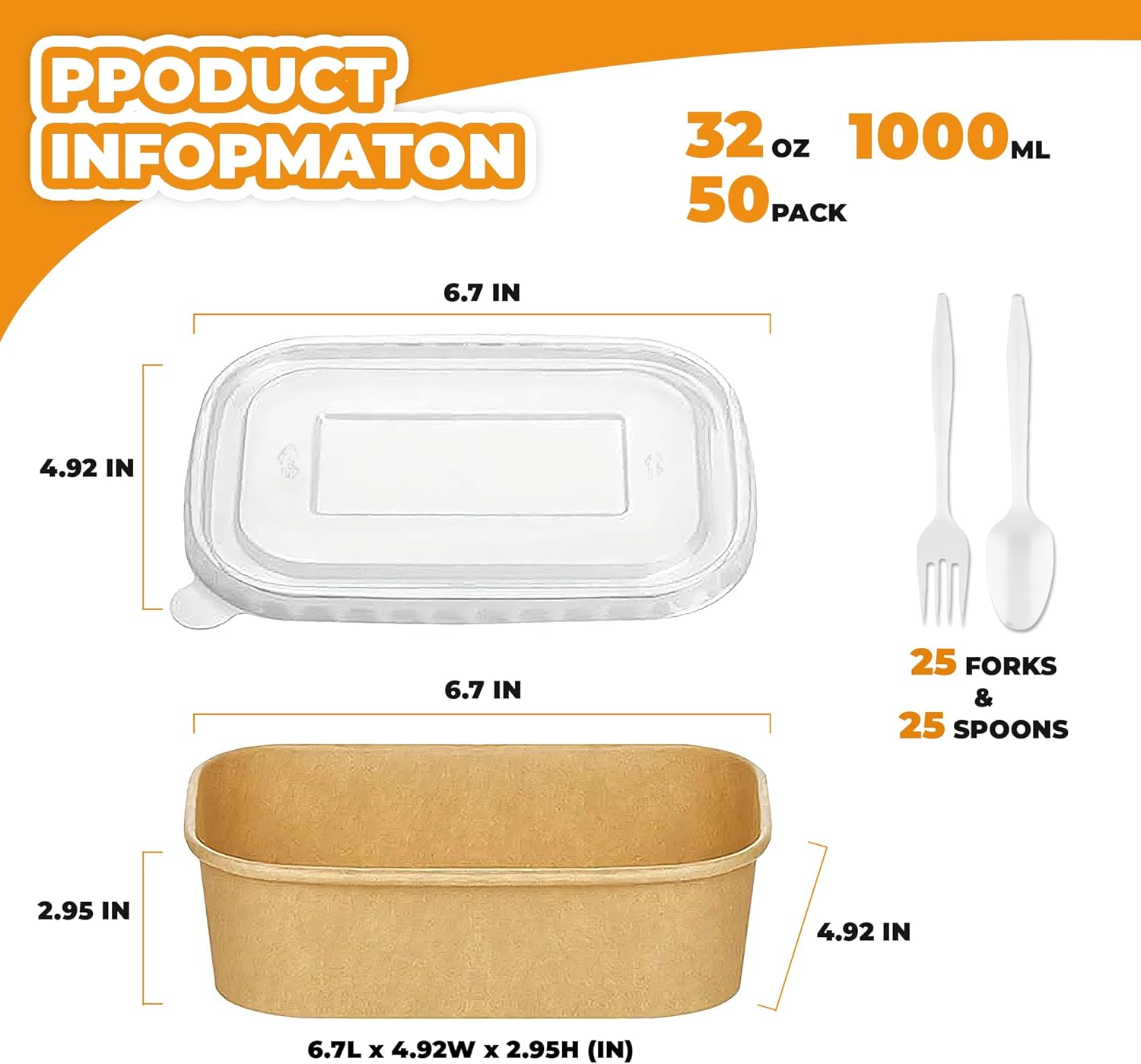 50 Pack 32 OZ Large Paper Bowls with Lids【with Spoons and Forks】, Heavy Duty Disposable Meal Prep Containers for Party, Disposable Bowls Bulk Soak-Proof and Microwave Safe for Hot/Cold Use