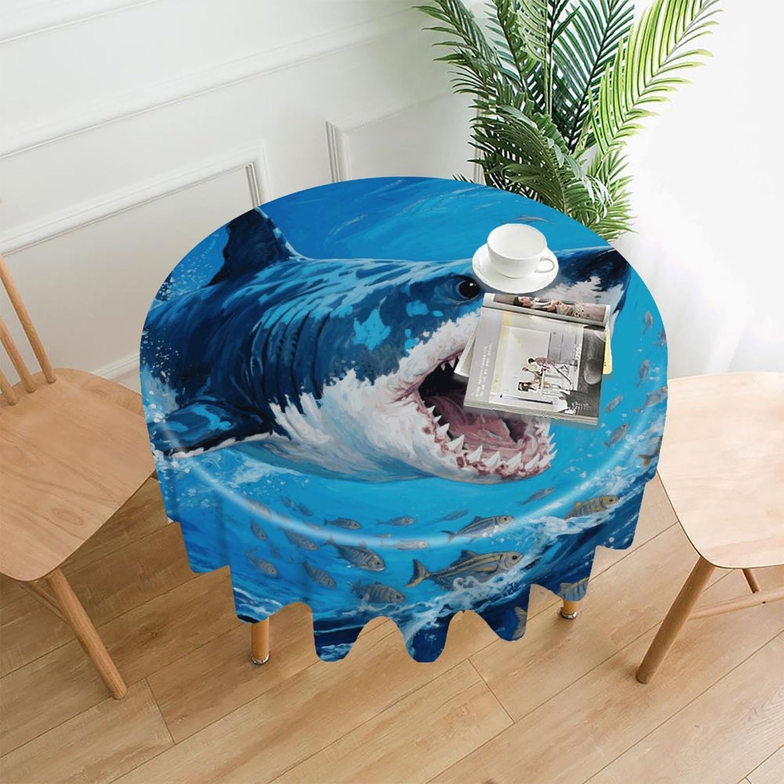 FekiLoot Fiercely Shark Round Tablecloth Cover 60 Inch Wrinkle Free Washable Polyester Fabric Table Cover Decorative Round Table Cloth for Home Dining Kitchen Party Farmhouse