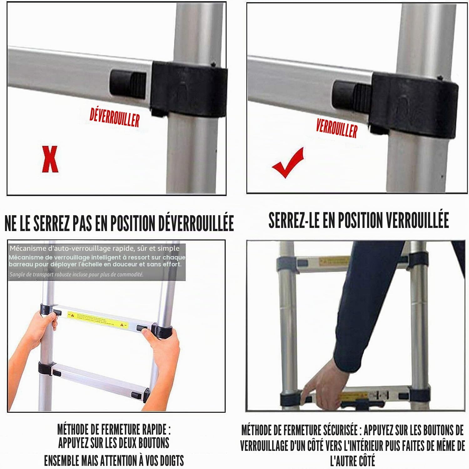 Échelle pliable en forme de A de 3,8 m (1,9 + 1,9 m) - Échelle télescopique en aluminium - Portable - Multifonction - Capacité de charge de 150 kg - Pour la maison, le bureau, le bricolage, les