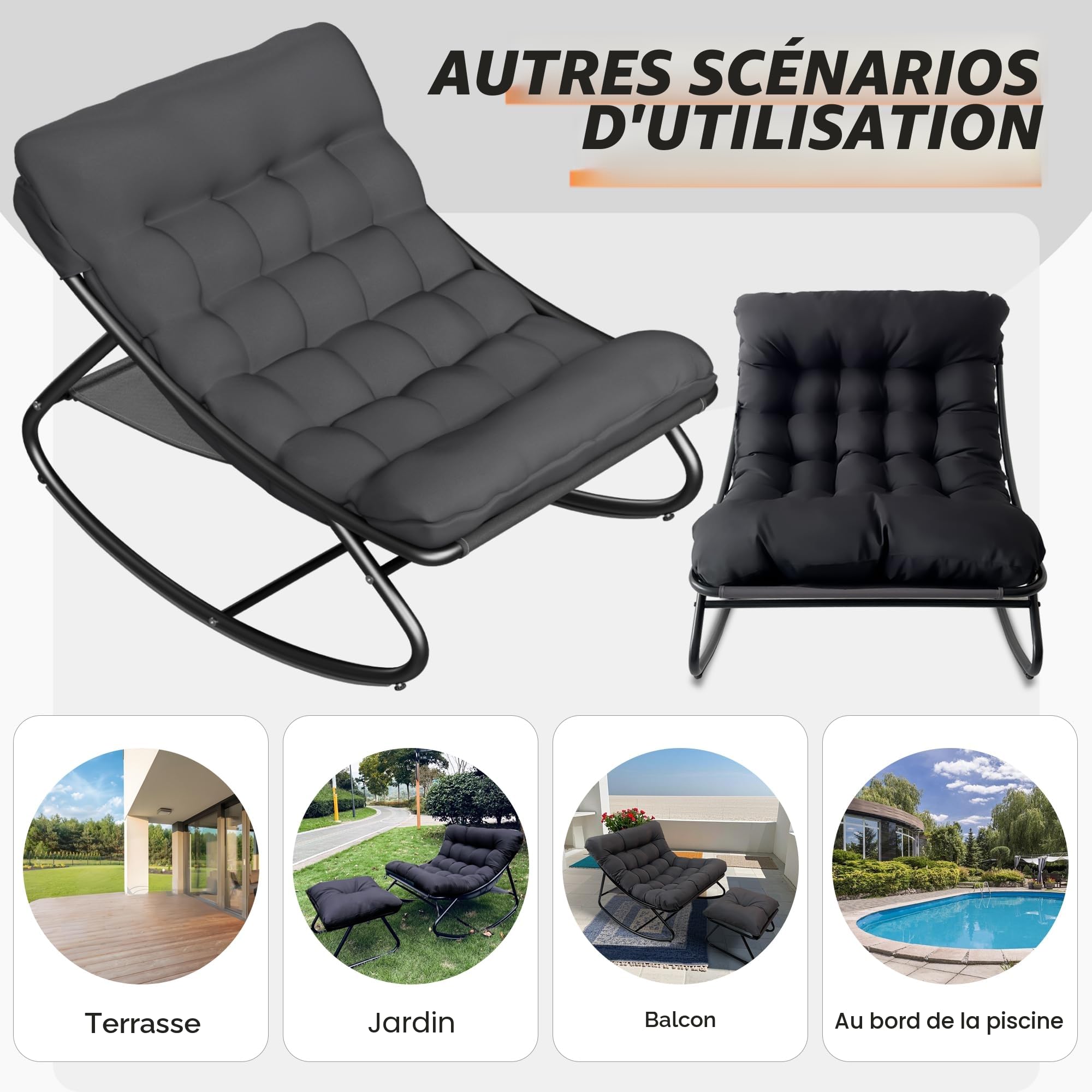 Fauteuil à Bascule avec Coussin, Chaise a Bascule d'Intérieur et d'Extérieur, Rocking Chair avec Repose-Pieds, Chaise Papasan, Cadre en Métal, Capacité 150 kg, pour Jardin Patio Salon Balcon (Gris)