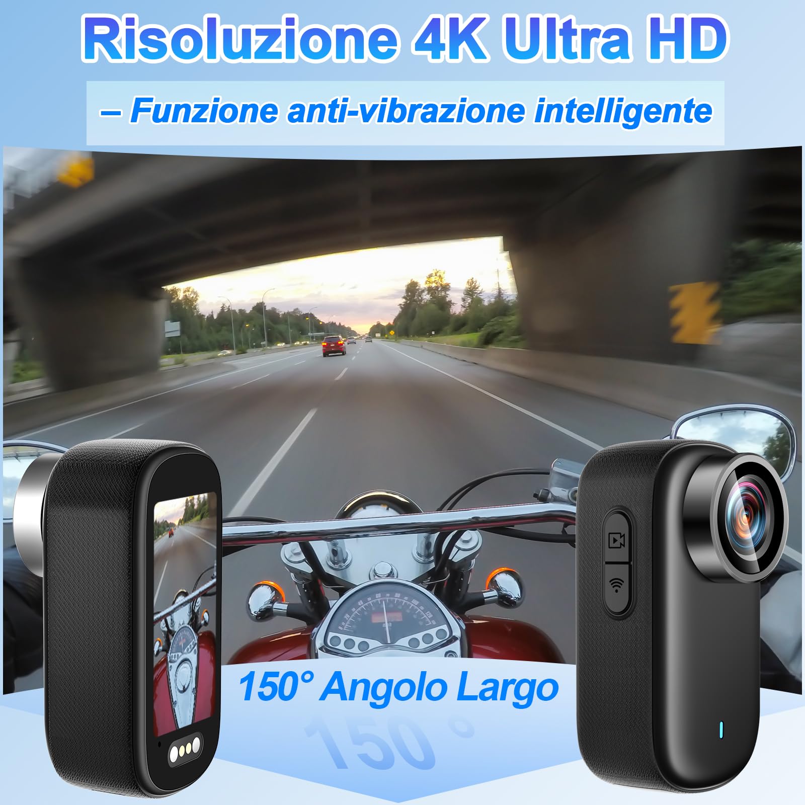 Action Cam 4K WiFi 150° IP65 Moto, con 64GB & Schermo | portatile, 3h batteria autonomia, anti-shock, Tascabile, supporti inclusi, mini