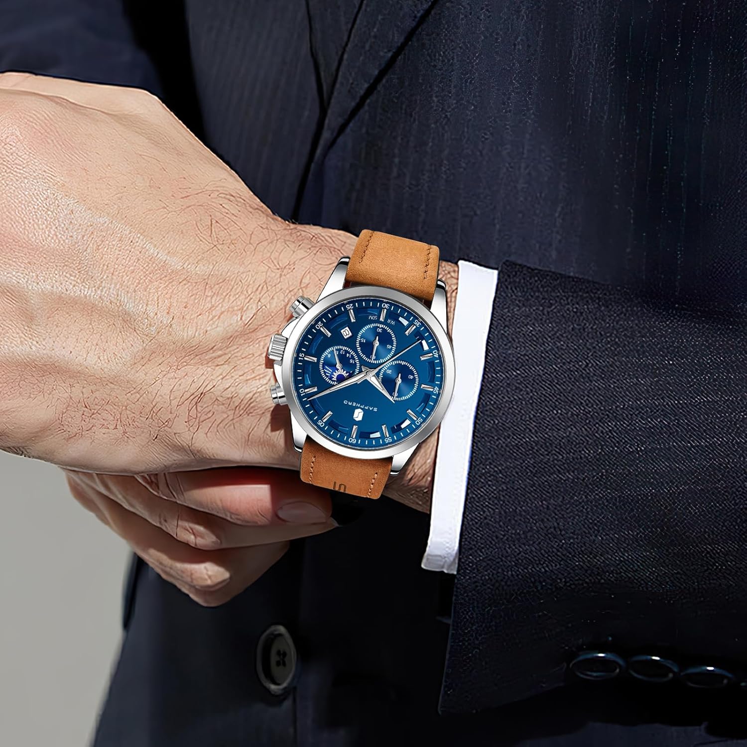 SAPPHERO Chronograph Watches for Men, Original Business Casual Stainless Steel Analog Watch 50M Waterproof Luminous Watches with Date Dial, Mens Gift - Image 2