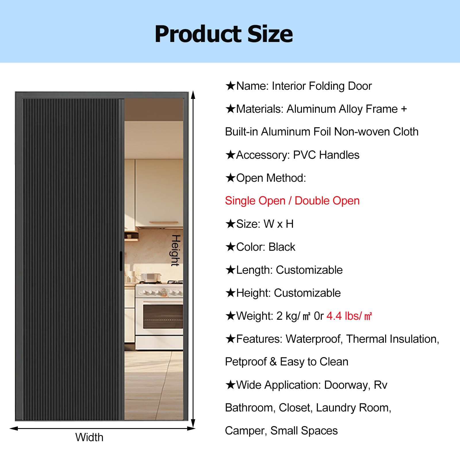 Porta pieghevole a fisarmonica nera con vetro acrilico, porte interne multiple per armadio, ufficio, cucina, hotel, ristorante, include accessori (193 x 203 cm)