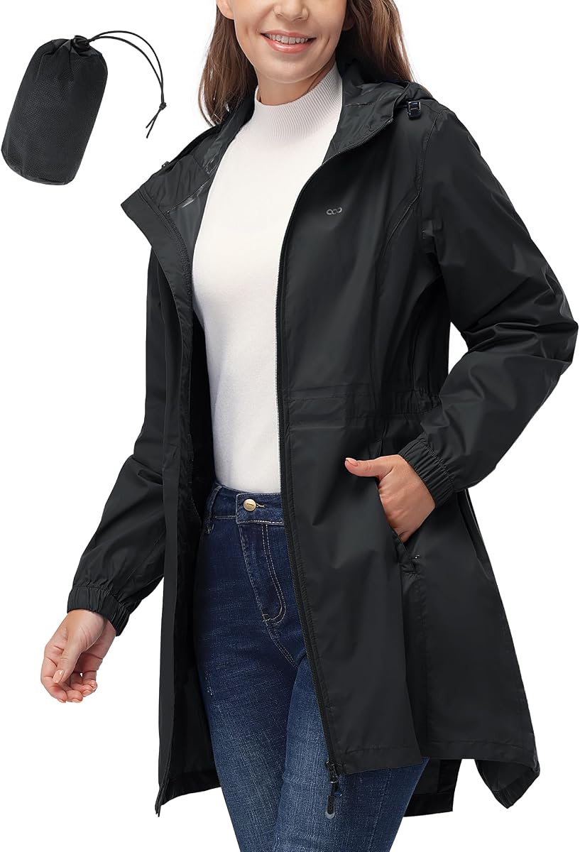 Chaqueta impermeable plegable para mujer, impermeable, larga, de 33.000 pies, con capucha