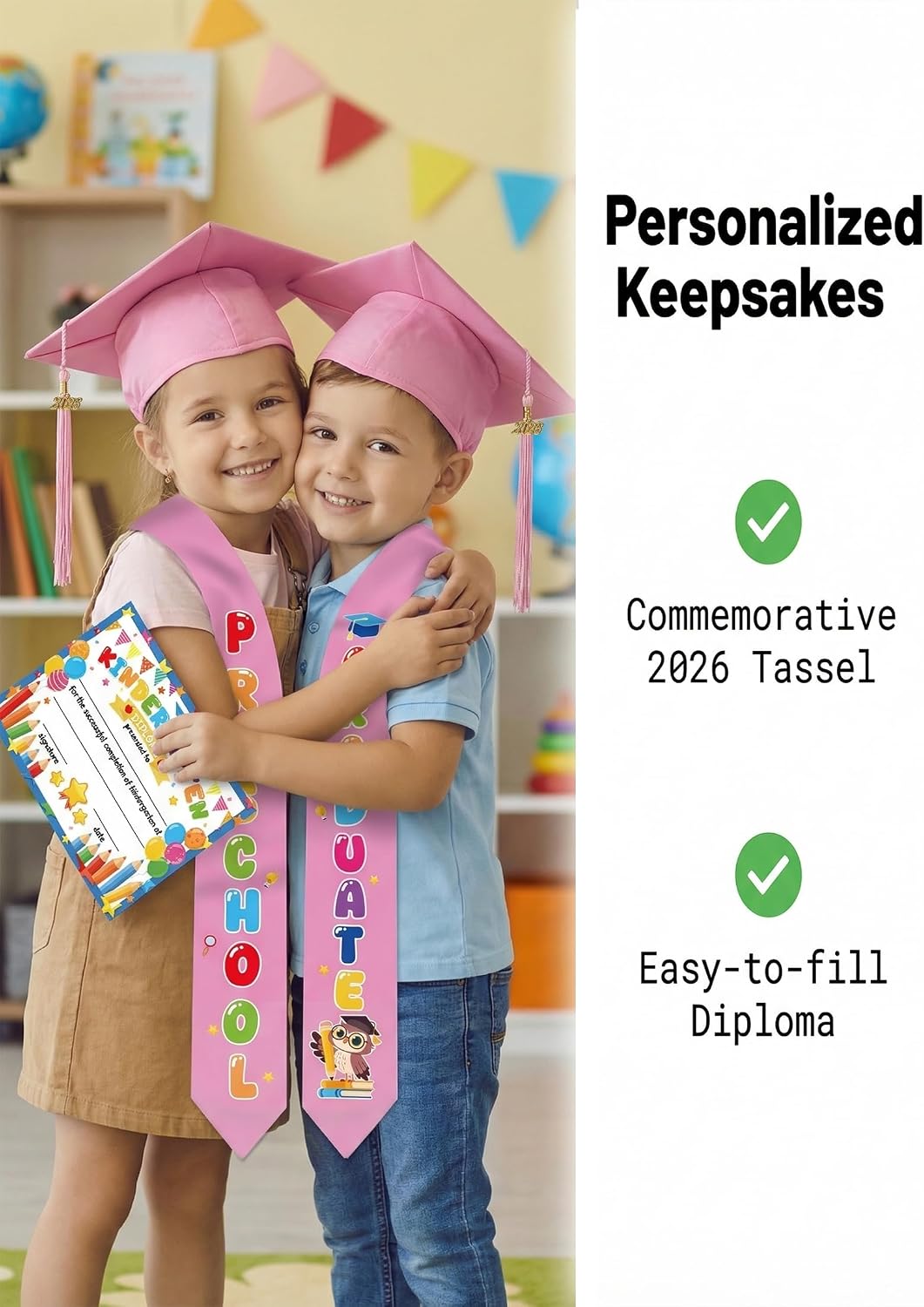 Kindergarten Preshool Graduation Cap and Sash Set - Unisex Grad Caps and Stole with Tassel, Certificate for Kids
