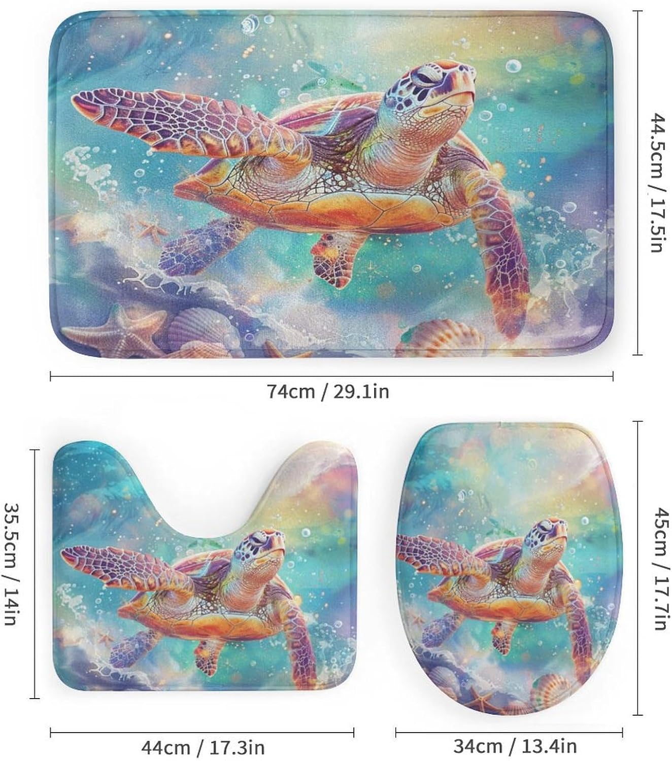 4 Piece Swimming Turtle Shower Curtain Set with Rugs, Modern Sea Shell Cartoon Animal Include Bathroom Non-Slip Floor Mat, U-Shaped Bath Rug and Toilet Cover Lid with 12 Hooks