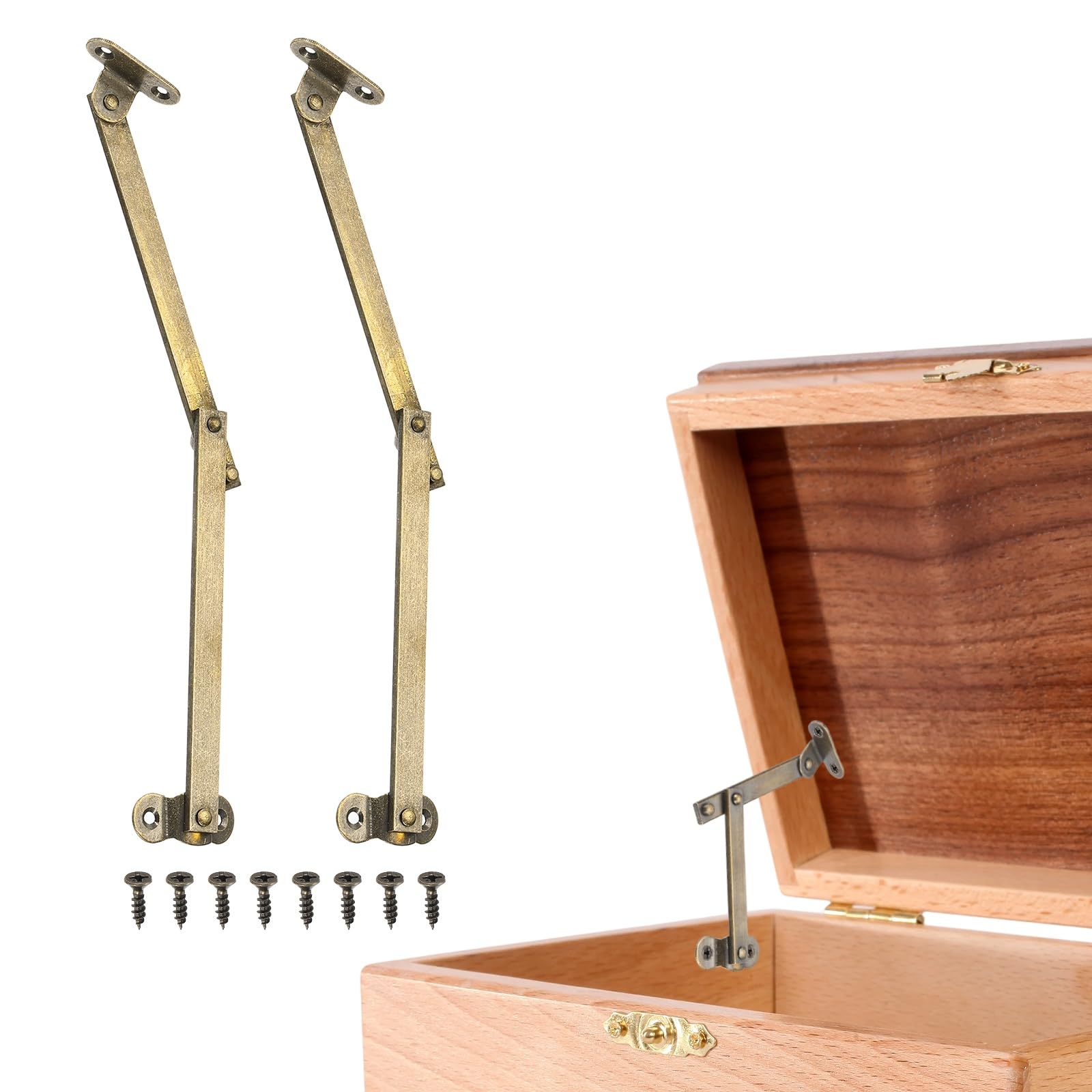 sourcing map 2Pcs Folding Lid Support Hinges, 4.9" Left Side Lift Up Stay Hinge Brass Rotatable Hinges for Cabinet Wardrobe Wooden Jewelry Box Cupboard Storage Shelve, Bronze Tone