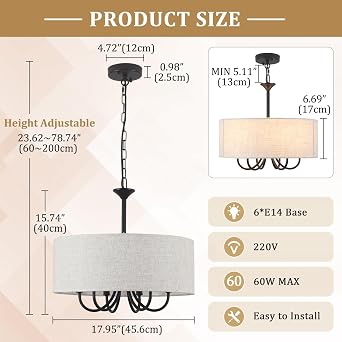 6-Light Black Chandelier Living Room, Metal Drum Fabric Shade E14 Dimmable | Height Adjustable, Modern Chandeliers Ceiling Lights for Bedroom, Dining Room, Foyer, Hallway, Kitchen, MAX 60W, 220V, Ø45cm