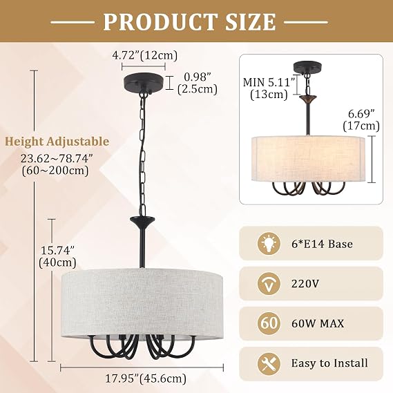 6-Light Black Chandelier Living Room, Metal Drum Fabric Shade E14 Dimmable | Height Adjustable, Modern Chandeliers Ceiling Lights for Bedroom, Dining Room, Foyer, Hallway, Kitchen, MAX 60W, 220V, Ø45cm